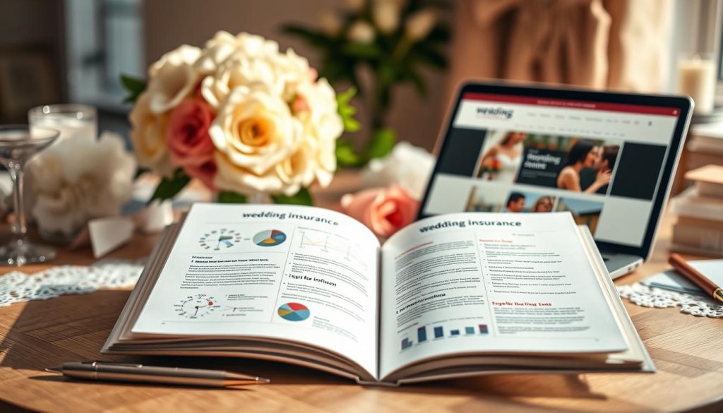 A beautifully arranged desk setting showcasing a comprehensive wedding insurance guide. In the foreground, an elegant open book with visually rich pages filled with diagrams, infographics, and key information about wedding insurance. A stylish pen rests beside it. In the middle ground, a soft-focus bouquet of wedding flowers adds a touch of romance, while a laptop displays a wedding planning website, hinting at the accessibility of insurance information. In the background, gently blurred wedding decorations like candles and lace evoke a celebratory mood. The lighting is warm and inviting, simulating soft afternoon sunlight streaming through a window, creating a serene yet professional atmosphere that emphasizes the importance of planning and safeguarding one’s special day.