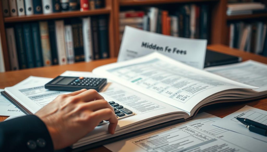 A close-up view of a financial advisor's desk, covered with various mortgage documents and hidden fee breakdowns. In the foreground, an open folder with highlighted sections revealing unexpected charges. In the middle, a calculator with a hand inputting numbers, reflecting deep concentration. In the background, a neatly arranged bookshelf filled with finance and real estate books. Warm, focused lighting creates an inviting atmosphere, showcasing the seriousness of financial planning. Soft shadows enhance the depth, emphasizing the complexity of mortgage fees. A shallow depth of field draws attention to the documents and calculator while blurring the shelf in the background, capturing the essence of hidden mortgage fees in a professional setting.