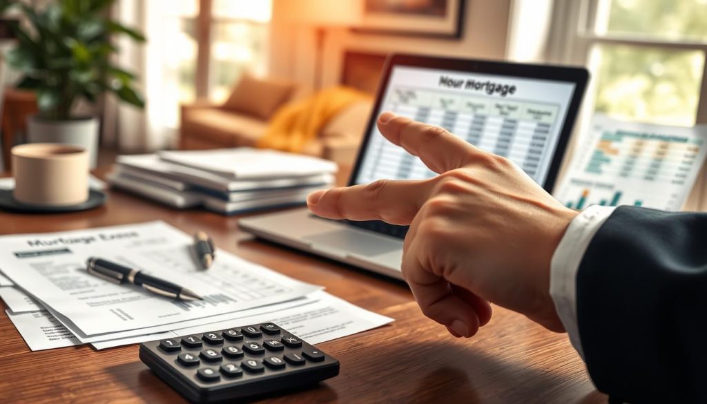 A close-up view of a neatly organized office desk showcasing various post-closing mortgage expense documents, including invoices and receipts, alongside a calculator and a stylish pen. In the foreground, a hand in a professional business attire is highlighted, pointing at a document. The middle ground features a laptop displaying a financial spreadsheet with graphs and charts, illustrating the costs associated with a mortgage. The background consists of a softly blurred home interior with warm natural light filtering through a window, creating a welcoming atmosphere. The overall mood is informative and focused, capturing the essence of financial planning and transparency in home ownership.
