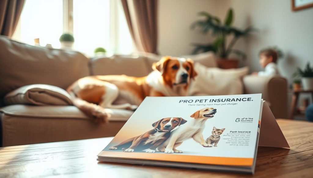A cozy living room scene featuring a cat and a dog comfortably resting together on a plush couch. In the foreground, a close-up shot of a pet insurance brochure sits on a coffee table, depicting both pets in a playful interaction. The middle layer includes soft, inviting colors, creating a warm atmosphere evocative of pet companionship. In the background, a window allows warm sunlight to filter in, enhancing the sense of security and comfort. The lighting is soft and diffused, highlighting the pets' fur textures and the details of the brochure. There are potted plants and pet toys in the background, adding to the homey feel. This image captures the essence of protection and care through pet insurance.