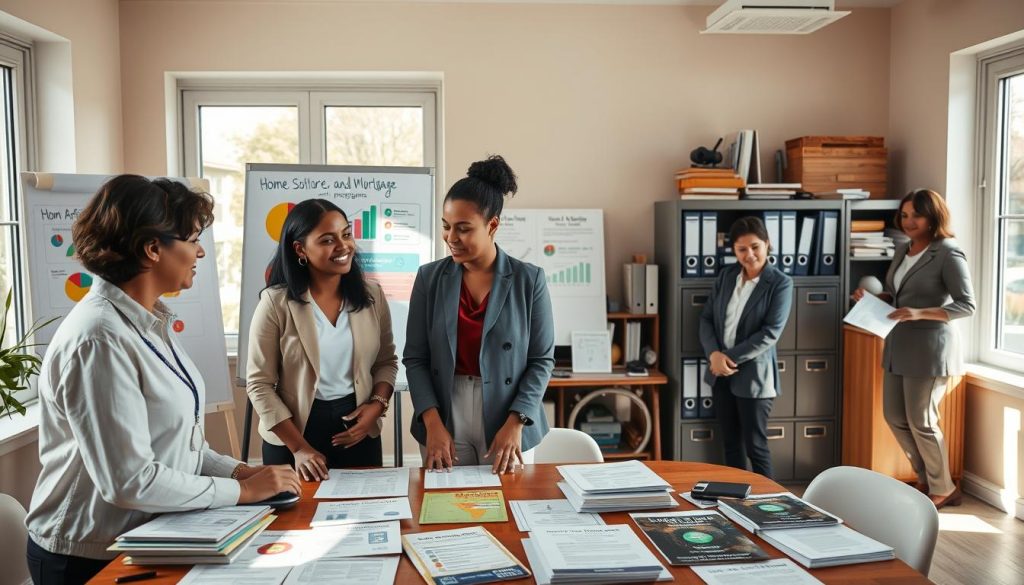 A cozy, welcoming office space dedicated to low-income mortgage programs, filled with natural light streaming in through large windows. In the foreground, a diverse group of three professionals in modest business attire is engaged in a discussion over a table scattered with mortgage application forms and informational brochures. The middle layer features a large whiteboard with colorful charts illustrating home affordability and budgeting tips. In the background, a friendly advisor stands by a filing cabinet filled with documents and resources, emphasizing a supportive environment. Bright, warm lighting creates an inviting atmosphere, suggestive of hope and opportunity for potential buyers. The composition captures a sense of collaboration and empowerment, ideal for those exploring mortgage solutions. A cozy, welcoming office space dedicated to low-income mortgage programs, filled with natural light streaming in through large windows. In the foreground, a diverse group of three professionals in modest business attire is engaged in a discussion over a table scattered with mortgage application forms and informational brochures. The middle layer features a large whiteboard with colorful charts illustrating home affordability and budgeting tips. In the background, a friendly advisor stands by a filing cabinet filled with documents and resources, emphasizing a supportive environment. Bright, warm lighting creates an inviting atmosphere, suggestive of hope and opportunity for potential buyers. The composition captures a sense of collaboration and empowerment, ideal for those exploring mortgage solutions.