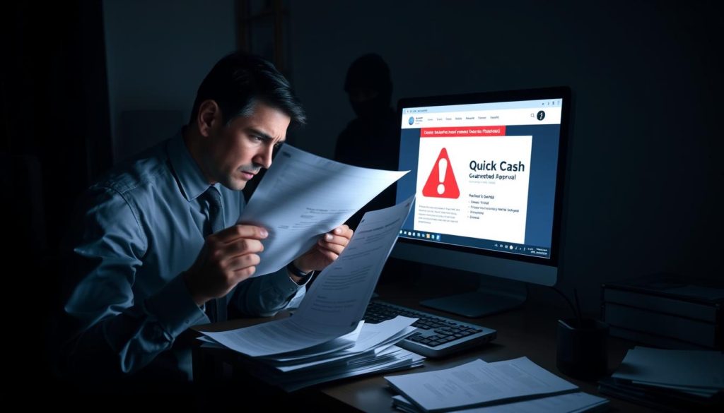 A darkened room scene depicting a computer desk cluttered with paperwork and a glowing laptop screen displaying a suspicious loan website. In the foreground, a concerned individual in professional business attire, depicting a mix of anxiety and caution, examines documents with both hands, highlighting the tension of online scams. In the middle, a close-up of the laptop screen shows a red flag symbol alongside phrases like "Quick Cash" and "Guaranteed Approval" hinting at deceptive offers. The background features a shadowy figure, symbolizing anonymity and deceit, cast in dim lighting to evoke a sense of danger. The overall mood is tense and cautionary, emphasizing the risks associated with online loan scams. A darkened room scene depicting a computer desk cluttered with paperwork and a glowing laptop screen displaying a suspicious loan website. In the foreground, a concerned individual in professional business attire, depicting a mix of anxiety and caution, examines documents with both hands, highlighting the tension of online scams. In the middle, a close-up of the laptop screen shows a red flag symbol alongside phrases like "Quick Cash" and "Guaranteed Approval" hinting at deceptive offers. The background features a shadowy figure, symbolizing anonymity and deceit, cast in dim lighting to evoke a sense of danger. The overall mood is tense and cautionary, emphasizing the risks associated with online loan scams.