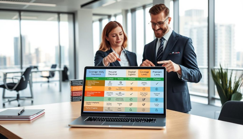 A detailed comparison chart showcasing professional liability insurance options in a modern office setting. The foreground features a clean, organized desk with a laptop displaying a colorful comparison table, incorporating key features like coverage limits, deductibles, and premiums represented with icons. In the middle ground, two professionals dressed in smart business attire, one male and one female, are discussing the chart, pointing at various sections with engaged expressions. The background features a sleek, contemporary office environment with windows revealing a cityscape, creating a bright, airy atmosphere. Soft, natural lighting illuminates the scene, enhancing clarity and professionalism. The overall mood conveys a sense of informed decision-making and confidence in selecting the right insurance for business protection.