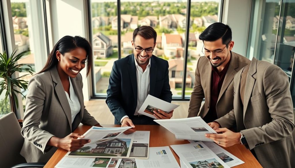 A diverse group of four professionals, a Black woman and a Hispanic man in business attire, a Caucasian woman in a smart casual outfit, and an Asian man in a blazer, are gathered around a table filled with home brochures and loan papers in a bright, modern office. In the foreground, they review documents with expressions of excitement and optimism. In the middle ground, a large window reveals a sunny neighborhood with a variety of homes, symbolizing the impact of government-backed home buying programs. Soft, natural lighting filters through, creating a warm and inviting atmosphere, emphasizing hope and opportunity. The scene should evoke a sense of teamwork, achievement, and accessibility in affordable housing. Capture the image with a slight overhead angle for a dynamic perspective. A diverse group of four professionals, a Black woman and a Hispanic man in business attire, a Caucasian woman in a smart casual outfit, and an Asian man in a blazer, are gathered around a table filled with home brochures and loan papers in a bright, modern office. In the foreground, they review documents with expressions of excitement and optimism. In the middle ground, a large window reveals a sunny neighborhood with a variety of homes, symbolizing the impact of government-backed home buying programs. Soft, natural lighting filters through, creating a warm and inviting atmosphere, emphasizing hope and opportunity. The scene should evoke a sense of teamwork, achievement, and accessibility in affordable housing. Capture the image with a slight overhead angle for a dynamic perspective.