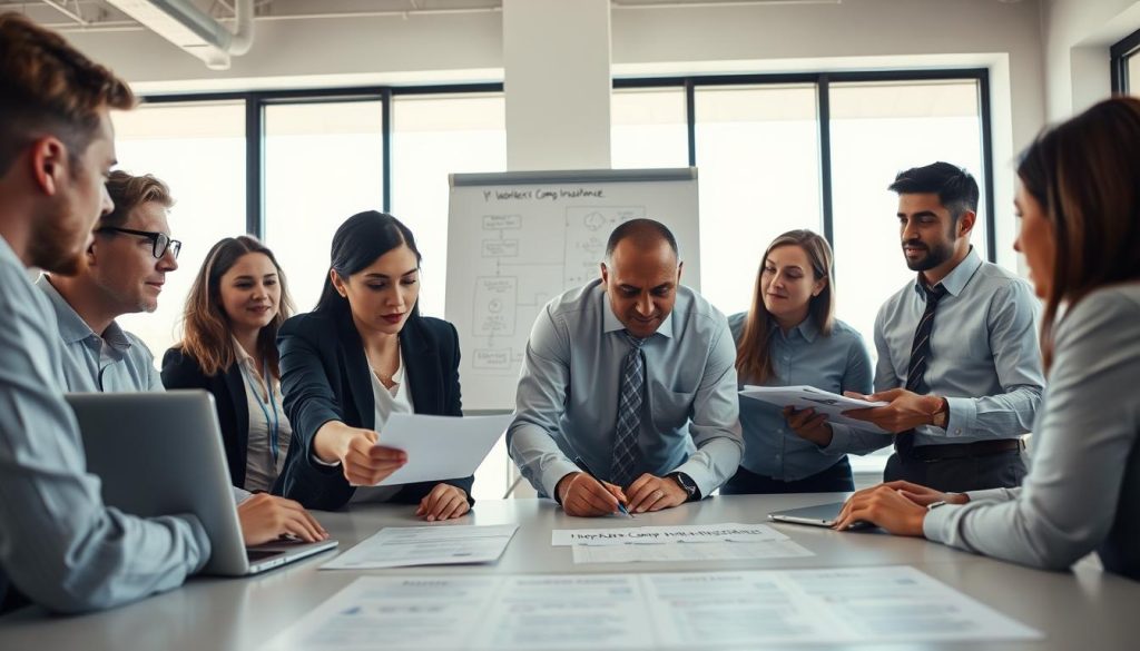 A diverse group of professional individuals gathered around a large table in a modern office setting, discussing workers' compensation insurance. In the foreground, a focused middle-aged woman in business attire points at a laptop, showcasing important documents. Beside her, a young man in a formal shirt takes notes on a notepad. The middle ground features a whiteboard with flowcharts and diagrams illustrating the insurance process, highlighting key steps visually. The background shows large windows with sunlight streaming in, creating a positive and productive atmosphere. The lighting is bright and inviting, enhancing the mood of collaboration and diligence. The scene is captured from a slightly elevated angle to give a comprehensive view of the team at work, emphasizing their commitment to obtaining workers' comp insurance.