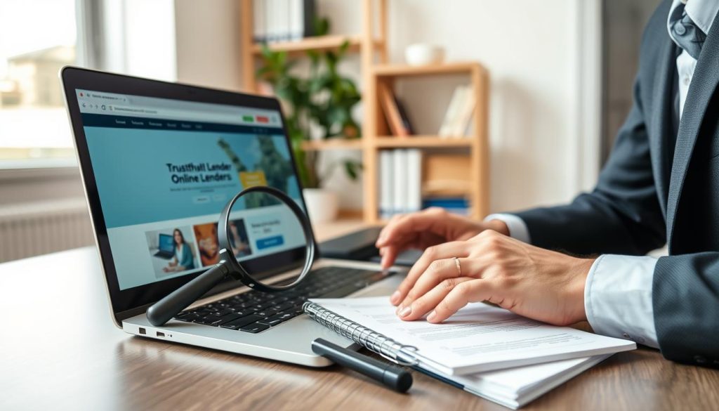 A focused scene depicting a professional, well-dressed individual seated at a modern desk, intently reviewing documents on a laptop to verify the legitimacy of an online lender. The foreground features a close-up of the person's hands, typing, with a magnifying glass to symbolize scrutiny. In the middle ground, the laptop screen displays a trustworthy lender's website, alongside a notepad filled with notes and checkmarks for due diligence. The background is softly blurred, showcasing a contemporary office environment with a well-organized bookshelf and a potted plant, providing a calm and professional atmosphere. Bright, natural lighting enhances the clarity of the scene, while a slight overhead angle allows for an engaging view of the verification process, conveying a mood of caution and diligence. A focused scene depicting a professional, well-dressed individual seated at a modern desk, intently reviewing documents on a laptop to verify the legitimacy of an online lender. The foreground features a close-up of the person's hands, typing, with a magnifying glass to symbolize scrutiny. In the middle ground, the laptop screen displays a trustworthy lender's website, alongside a notepad filled with notes and checkmarks for due diligence. The background is softly blurred, showcasing a contemporary office environment with a well-organized bookshelf and a potted plant, providing a calm and professional atmosphere. Bright, natural lighting enhances the clarity of the scene, while a slight overhead angle allows for an engaging view of the verification process, conveying a mood of caution and diligence.