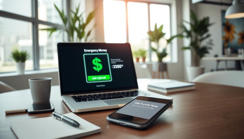 A modern, digital workspace themed around emergency money online. In the foreground, a laptop displays a user-friendly financial app with a vibrant green dollar sign icon and a “Get Funds Now” button illuminated. On the table beside the laptop, a smartphone shows a notification about a loan approval. The middle ground features sleek, organized stationery, like a notepad and pen, emphasizing a professional atmosphere. The background showcases a soft-focus office setting with bright lighting, large windows letting in natural sunlight, and potted plants for a fresh feel. The overall mood is optimistic and urgent, conveying the ease and accessibility of finding financial solutions quickly in times of need. A modern, digital workspace themed around emergency money online. In the foreground, a laptop displays a user-friendly financial app with a vibrant green dollar sign icon and a “Get Funds Now” button illuminated. On the table beside the laptop, a smartphone shows a notification about a loan approval. The middle ground features sleek, organized stationery, like a notepad and pen, emphasizing a professional atmosphere. The background showcases a soft-focus office setting with bright lighting, large windows letting in natural sunlight, and potted plants for a fresh feel. The overall mood is optimistic and urgent, conveying the ease and accessibility of finding financial solutions quickly in times of need.