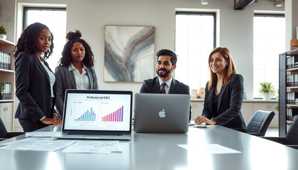A modern office environment with a focus on professional indemnity insurance. In the foreground, a diverse group of three business professionals in smart attire—one Black woman, one Asian man, and one Caucasian woman—are gathered around a sleek conference table covered with paperwork and a laptop displaying charts related to E&O insurance. In the middle, large windows allow in natural light, creating a bright and inviting atmosphere. A light grey abstract art piece hangs on the wall, suggesting sophistication. In the background, shelves lined with binders and awards hint at a successful business. The overall mood is one of professionalism, collaboration, and assurance, emphasizing the importance of E&O insurance in safeguarding businesses. Soft, diffused lighting adds warmth, captured from a slightly elevated angle for a dynamic perspective.