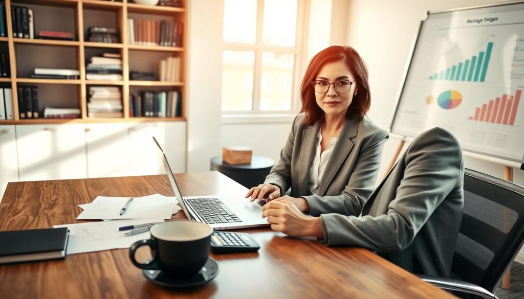 A modern office setting featuring a self-employed mortgage loan officer, a confident middle-aged Asian woman in professional business attire, engaged in a video call with clients on her laptop at a stylish wooden desk. In the foreground, a neatly organized workspace with financial documents, a calculator, and a cup of coffee. In the middle ground, a large window with natural light streaming in, illuminating the room and creating a warm atmosphere. The background shows shelves filled with mortgage books and a whiteboard with graphs and charts related to home financing. The mood is focused and professional, conveying expertise and approachability. The angle is slightly above eye-level, emphasizing the officer's command of her workspace while maintaining a relaxed ambiance.