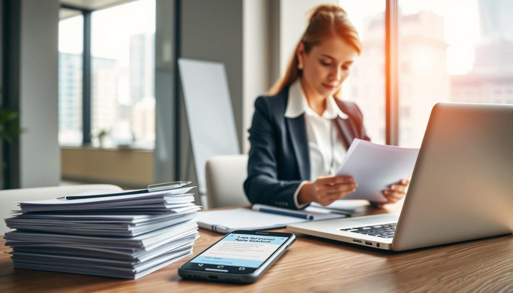 A modern office setting, showcasing the same day loan approval process. In the foreground, a professional woman in business attire is reviewing documents on her laptop, with focused determination. Beside her, a neatly stacked pile of loan applications adds context. The middle ground features a wooden desk with a smartphone displaying loan approval notifications, surrounded by office stationery and a laptop. In the background, a bright window casts natural light, hinting at a busy cityscape. Incorporate soft, warm lighting to create an inviting atmosphere, emphasizing clarity and efficiency. The overall mood is professional and optimistic, reflecting the swift and streamlined nature of online loan approvals. A modern office setting, showcasing the same day loan approval process. In the foreground, a professional woman in business attire is reviewing documents on her laptop, with focused determination. Beside her, a neatly stacked pile of loan applications adds context. The middle ground features a wooden desk with a smartphone displaying loan approval notifications, surrounded by office stationery and a laptop. In the background, a bright window casts natural light, hinting at a busy cityscape. Incorporate soft, warm lighting to create an inviting atmosphere, emphasizing clarity and efficiency. The overall mood is professional and optimistic, reflecting the swift and streamlined nature of online loan approvals.
