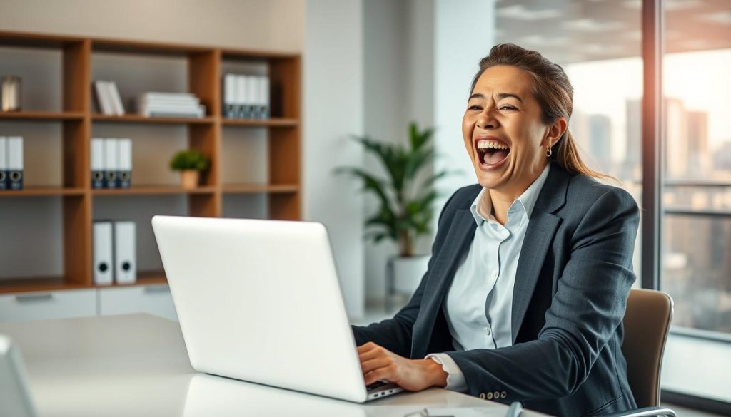 A modern, well-lit office environment featuring a professional in business attire sitting at a sleek desk, joyfully celebrating after receiving instant online loan approval on their laptop, which is open and displaying a digital approval notification. In the foreground, the laptop screen glows softly in contrast to the person's excited expression. In the middle background, there are shelves with financial books and a potted plant, adding a touch of warmth and professionalism. The overall atmosphere is vibrant and dynamic, conveying a sense of accomplishment and relief. Soft, natural light streams in through a window, highlighting the happy moment, while a blurred cityscape is visible outside, suggesting the fast-paced world of online finance. A modern, well-lit office environment featuring a professional in business attire sitting at a sleek desk, joyfully celebrating after receiving instant online loan approval on their laptop, which is open and displaying a digital approval notification. In the foreground, the laptop screen glows softly in contrast to the person's excited expression. In the middle background, there are shelves with financial books and a potted plant, adding a touch of warmth and professionalism. The overall atmosphere is vibrant and dynamic, conveying a sense of accomplishment and relief. Soft, natural light streams in through a window, highlighting the happy moment, while a blurred cityscape is visible outside, suggesting the fast-paced world of online finance.