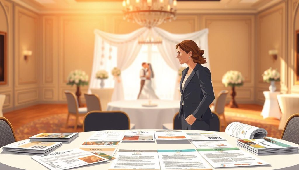 A professional and informative illustration comparing wedding insurance providers in the United States. In the foreground, a neatly arranged table displays brochures and plans from various wedding insurance companies, showcasing the diversity of coverage options. In the middle ground, a couple in professional business attire discusses their choices, displaying focused expressions of consideration. In the background, a soft-focus view of a beautifully decorated wedding venue, symbolizing the importance of protecting a special day. The lighting is warm and inviting, reminiscent of a sunny afternoon, creating a hopeful and reassuring atmosphere. The scene is captured from a slightly elevated angle to encompass both the table and the engaged couple, emphasizing the importance of informed decisions in wedding planning.