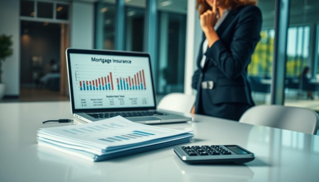 A professional business environment featuring a clean and organized desk with a laptop open, displaying mortgage insurance rate graphs and charts. In the foreground, a neatly arranged stack of financial documents and a calculator with a blurred background of a modern office scene with soft natural lighting filtering through large windows. A person in smart business attire, such as a suit or blouse, is thoughtfully reviewing the documents, conveying a sense of diligence and focus. The color palette should consist of soothing blues and greens to evoke a calm and secure atmosphere. The camera angle is slightly above eye level, providing a clear view of the desk and the person without distracting elements. The overall mood is one of professionalism and clarity, aligned with the topic of understanding mortgage insurance. A professional business environment featuring a clean and organized desk with a laptop open, displaying mortgage insurance rate graphs and charts. In the foreground, a neatly arranged stack of financial documents and a calculator with a blurred background of a modern office scene with soft natural lighting filtering through large windows. A person in smart business attire, such as a suit or blouse, is thoughtfully reviewing the documents, conveying a sense of diligence and focus. The color palette should consist of soothing blues and greens to evoke a calm and secure atmosphere. The camera angle is slightly above eye level, providing a clear view of the desk and the person without distracting elements. The overall mood is one of professionalism and clarity, aligned with the topic of understanding mortgage insurance.