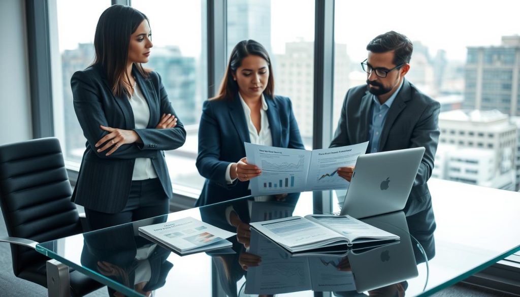 A professional business office setting with a confident, diverse group of three business professionals engaged in a discussion about risk management and insurance. In the foreground, a woman in a smart blazer and a man in a tailored suit are examining a document on a modern glass table. In the middle, a laptop showing graphs and data related to insurance sits alongside a professional indemnity insurance brochure. The background features a large window with a cityscape view, letting in natural light that illuminates the space, creating a productive atmosphere. The mood is serious yet collaborative, emphasizing the importance of safeguarding businesses. Soft, diffused lighting enhances the professionalism of the setting, while a slight depth of field focuses attention on the foreground discussion.