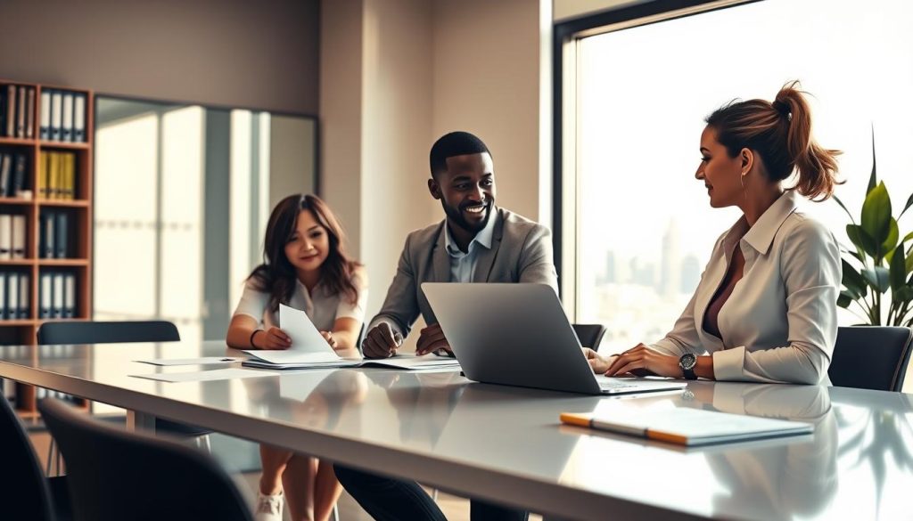 A professional business setting illustrating a workers' compensation policy. In the foreground, a diverse group of three professionals—one Asian woman, one Black man, and one Caucasian woman—discussing strategy at a sleek, modern conference table laden with documents and a laptop. In the middle ground, a large window reveals a bright, sunny day with a view of a city skyline, symbolizing opportunity and growth. The background features shelves filled with business books and a potted plant for a hint of nature. The lighting is warm and inviting, casting soft shadows, and the angle captures a slightly elevated perspective to emphasize collaboration and professionalism. The mood is optimistic and focused, highlighting the importance of reducing workers' compensation premiums through proactive strategies.
