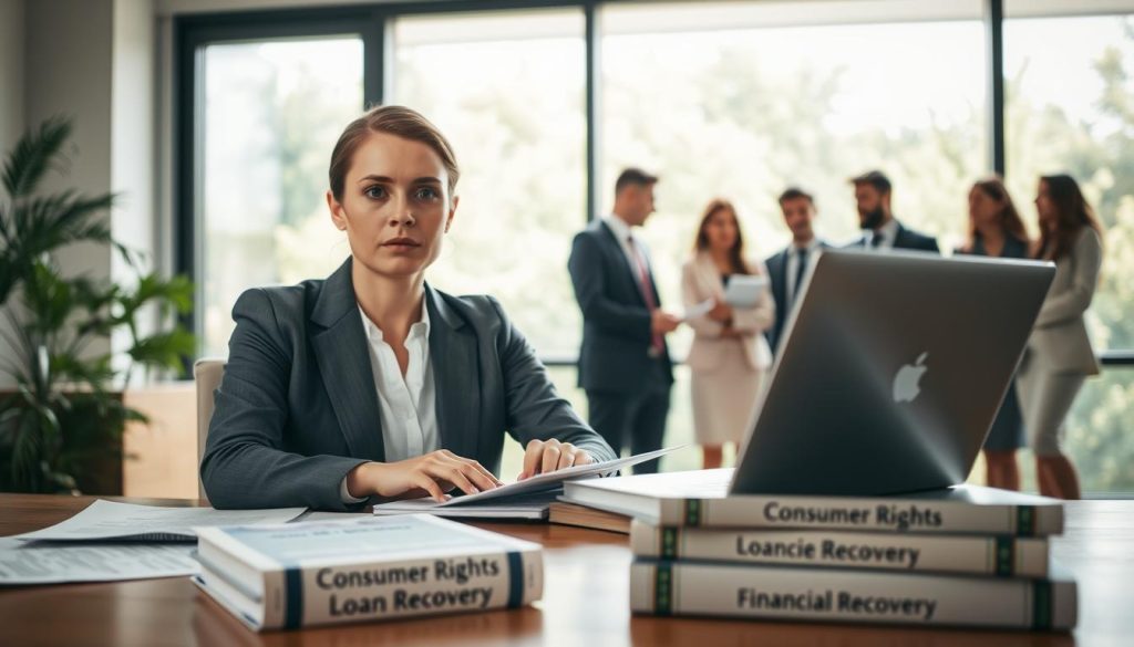 A professional businesswoman sitting at a desk, looking determined and focused, surrounded by documents and a laptop displaying a 'loan recovery' website. In the foreground, a set of legal books about consumer rights and financial recovery, symbolizing empowerment. The middle layer features a large window with bright, natural light flooding in, creating a warm and optimistic atmosphere. The background includes a motivated group of diverse individuals discussing recovery strategies, dressed in professional attire, symbolizing support and community. Soft focus on the outside greenery suggests renewal and hope. Warm color tones convey a sense of positivity and resilience, while a slight depth of field draws attention to the central figure’s expression of determination. A professional businesswoman sitting at a desk, looking determined and focused, surrounded by documents and a laptop displaying a 'loan recovery' website. In the foreground, a set of legal books about consumer rights and financial recovery, symbolizing empowerment. The middle layer features a large window with bright, natural light flooding in, creating a warm and optimistic atmosphere. The background includes a motivated group of diverse individuals discussing recovery strategies, dressed in professional attire, symbolizing support and community. Soft focus on the outside greenery suggests renewal and hope. Warm color tones convey a sense of positivity and resilience, while a slight depth of field draws attention to the central figure’s expression of determination.