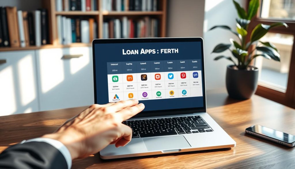 A professional comparison chart of loan apps displayed on a sleek laptop screen, positioned on a modern wooden desk. In the foreground, a pair of hands—depicted in professional attire—point to various app icons and features illustrated on the screen. The middle layer features several visually distinct loan app logos, creatively arranged in a grid format, showcasing vibrant colors and icons representing different features like interest rates, loan amounts, and user ratings. In the background, a soft-focus bookshelf filled with financial books and a potted plant enhance the ambiance of a cozy workspace. Soft, natural lighting streams in from a nearby window, casting warm shadows and creating an inviting atmosphere that encourages decision-making and focus. The mood is professional and educational, tailored for readers exploring their loan app options. A professional comparison chart of loan apps displayed on a sleek laptop screen, positioned on a modern wooden desk. In the foreground, a pair of hands—depicted in professional attire—point to various app icons and features illustrated on the screen. The middle layer features several visually distinct loan app logos, creatively arranged in a grid format, showcasing vibrant colors and icons representing different features like interest rates, loan amounts, and user ratings. In the background, a soft-focus bookshelf filled with financial books and a potted plant enhance the ambiance of a cozy workspace. Soft, natural lighting streams in from a nearby window, casting warm shadows and creating an inviting atmosphere that encourages decision-making and focus. The mood is professional and educational, tailored for readers exploring their loan app options.