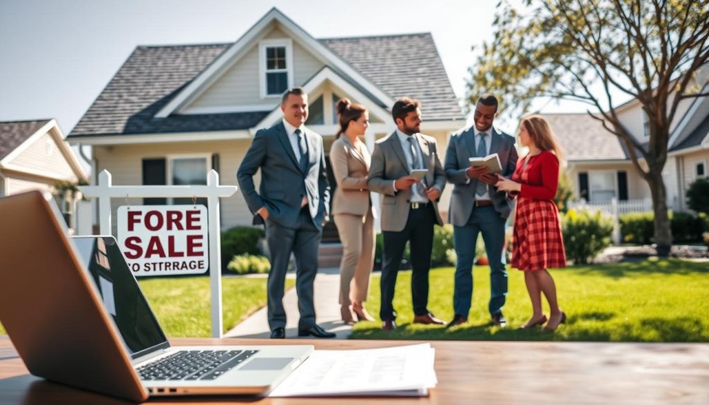 A professional couple, dressed in business attire, stands confidently in front of a modest suburban home with a "For Sale" sign. The foreground features a laptop and paperwork on a table, symbolizing research on government assistance programs. In the middle ground, you see a diverse group of individuals discussing mortgage options with a friendly, knowledgeable advisor, emphasizing collaboration and support. The background showcases a sunny neighborhood, with well-kept lawns and trees, creating a welcoming atmosphere. The lighting is bright and inviting, evoking a sense of hope and opportunity. The angle is slightly elevated, giving a comprehensive view of the scene, highlighting the importance of community and assistance in homebuying for low-income buyers. A professional couple, dressed in business attire, stands confidently in front of a modest suburban home with a "For Sale" sign. The foreground features a laptop and paperwork on a table, symbolizing research on government assistance programs. In the middle ground, you see a diverse group of individuals discussing mortgage options with a friendly, knowledgeable advisor, emphasizing collaboration and support. The background showcases a sunny neighborhood, with well-kept lawns and trees, creating a welcoming atmosphere. The lighting is bright and inviting, evoking a sense of hope and opportunity. The angle is slightly elevated, giving a comprehensive view of the scene, highlighting the importance of community and assistance in homebuying for low-income buyers.