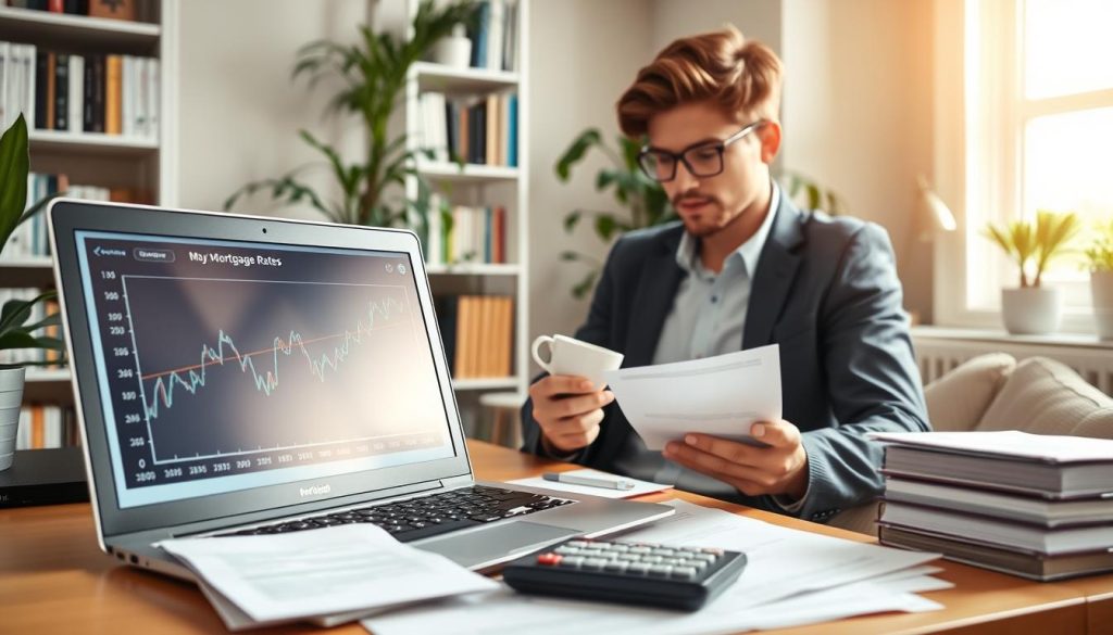 A professional home office setting with a self-employed individual analyzing mortgage rates. In the foreground, a laptop displays a graph of fluctuating mortgage rates, surrounded by neatly organized financial documents and a calculator. The middle ground features the person, a young adult in smart casual attire, focused and jotting down notes while sipping coffee. The background showcases a bright room with a bookshelf filled with financial books and plants, providing a warm atmosphere. Natural light streams through a window, highlighting the individual and creating a sense of clarity and optimism. The overall mood is professional yet inviting, reflecting the importance of preparing finances for a mortgage application.