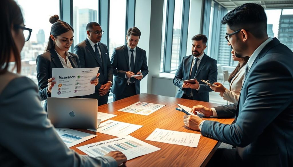 A professional office setting depicting a diverse group of businesspeople engaged in a discussion about business liability insurance options. In the foreground, a confident woman in a tailored suit is presenting insurance options on a sleek laptop, while a man in business attire takes notes on a notepad. The middle ground shows various printed documents and infographics displayed on a wooden table, indicating different liability coverage options. In the background, large windows provide natural light, casting a warm glow on the scene, while cityscape views add depth. The atmosphere is focused and collaborative, reflecting a serious yet supportive environment for decision-making. The angle should be slightly elevated to capture the dynamics of the conversation, ensuring clarity and professionalism.