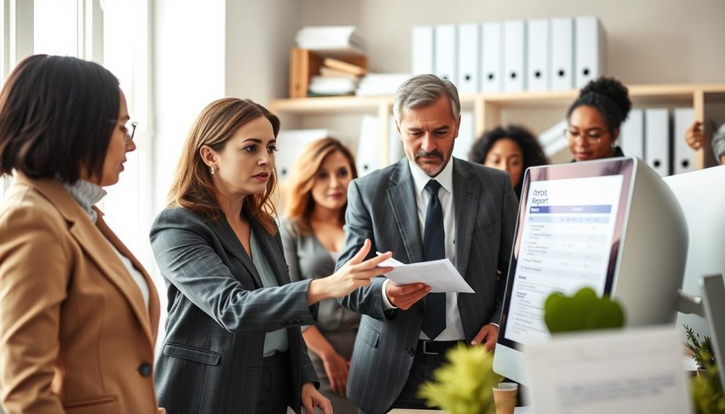 A professional office setting where a diverse group of individuals is engaged in a discussion around a computer screen displaying a credit report. In the foreground, a woman in a smart business attire is pointing at the screen, looking concerned but focused. In the middle ground, a man in a business suit is taking notes with a pen while glancing at the report, indicating a serious atmosphere. The background features shelves filled with folders and documents, conveying an organized workspace. Soft, natural lighting filters through a window, creating a warm, inviting atmosphere. The image captures a moment of collaboration and problem-solving, emphasizing the importance of addressing credit report inaccuracies. A professional office setting where a diverse group of individuals is engaged in a discussion around a computer screen displaying a credit report. In the foreground, a woman in a smart business attire is pointing at the screen, looking concerned but focused. In the middle ground, a man in a business suit is taking notes with a pen while glancing at the report, indicating a serious atmosphere. The background features shelves filled with folders and documents, conveying an organized workspace. Soft, natural lighting filters through a window, creating a warm, inviting atmosphere. The image captures a moment of collaboration and problem-solving, emphasizing the importance of addressing credit report inaccuracies.