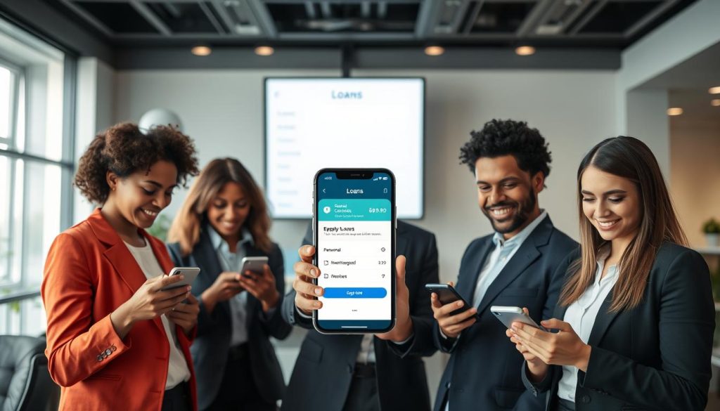 A professional setting depicting the loan application process through a modern mobile app interface. In the foreground, a diverse group of individuals in smart business attire are engaged with their smartphones, showcasing different stages of applying for loans. One person is reviewing loan terms, another is inputting personal details, and a third is smiling, satisfied with their application progress. In the middle ground, a large digital screen displays a user-friendly loan application interface with clear, organized sections. The background features a sleek, contemporary office environment with soft, diffused lighting to create a warm and inviting atmosphere. The overall mood is optimistic and focused, highlighting convenience and accessibility in online loan applications. Use a wide-angle lens to capture the collaborative vibe of the scene. A professional setting depicting the loan application process through a modern mobile app interface. In the foreground, a diverse group of individuals in smart business attire are engaged with their smartphones, showcasing different stages of applying for loans. One person is reviewing loan terms, another is inputting personal details, and a third is smiling, satisfied with their application progress. In the middle ground, a large digital screen displays a user-friendly loan application interface with clear, organized sections. The background features a sleek, contemporary office environment with soft, diffused lighting to create a warm and inviting atmosphere. The overall mood is optimistic and focused, highlighting convenience and accessibility in online loan applications. Use a wide-angle lens to capture the collaborative vibe of the scene.
