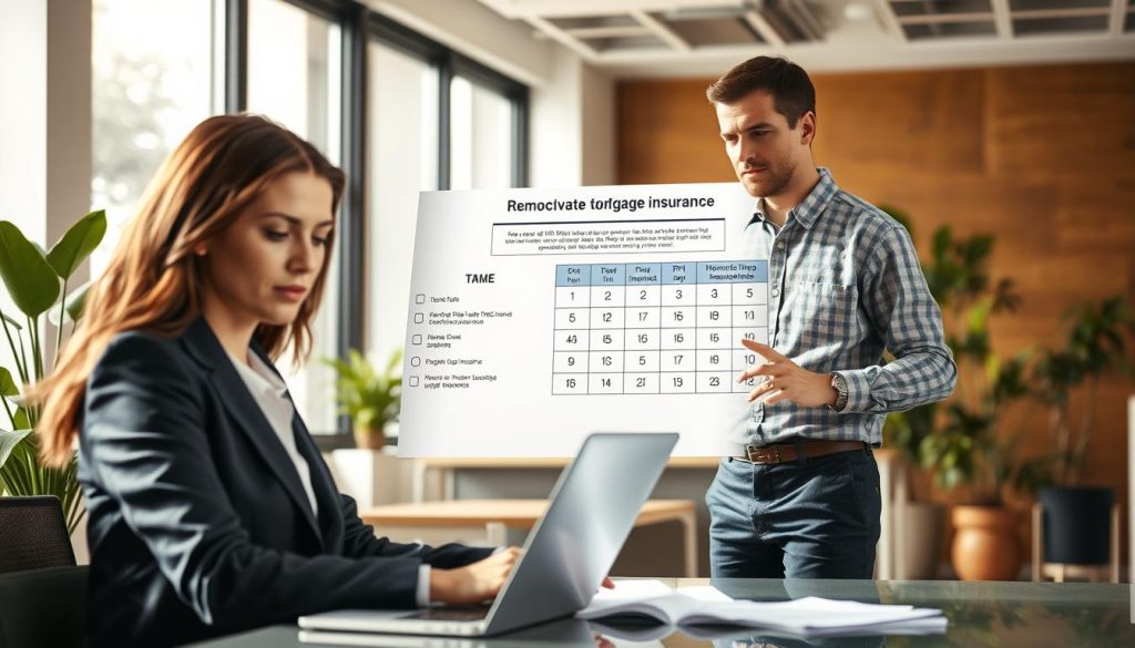 A professional setting illustrating the process of removing Private Mortgage Insurance (PMI). In the foreground, a confident woman in a tailored business suit, sitting at a desk with a laptop, looking at financial documents. In the middle ground, a focused man in a casual but neat button-down shirt, discussing with her, pointing towards a chart about PMI removal strategies. The background features a bright, modern office space with large windows allowing natural light to flood in, plants adding a refreshing touch. The scene conveys a collaborative atmosphere, emphasizing professionalism and the importance of working with mortgage insurance companies. The lighting is soft and warm, capturing a sense of optimism and clarity in financial decision-making. A professional setting illustrating the process of removing Private Mortgage Insurance (PMI). In the foreground, a confident woman in a tailored business suit, sitting at a desk with a laptop, looking at financial documents. In the middle ground, a focused man in a casual but neat button-down shirt, discussing with her, pointing towards a chart about PMI removal strategies. The background features a bright, modern office space with large windows allowing natural light to flood in, plants adding a refreshing touch. The scene conveys a collaborative atmosphere, emphasizing professionalism and the importance of working with mortgage insurance companies. The lighting is soft and warm, capturing a sense of optimism and clarity in financial decision-making.