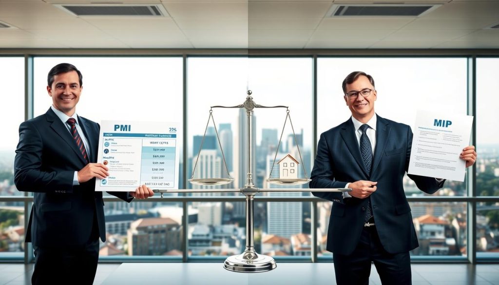 A split image illustrating the differences between PMI (Private Mortgage Insurance) and MIP (Mortgage Insurance Premium). In the foreground, a professional businessperson stands confidently on each side, wearing smart business attire, holding charts that visualize the differences in costs and benefits. In the center, a clear, balanced scale tips slightly, showcasing the icons of PMI on one side and MIP on the other. In the middle ground, a city skyline with residential buildings symbolizes the housing market context. The background features a bright, professional office environment with large windows allowing natural light to flood in, creating a positive and informative atmosphere. The framing should be a medium shot to highlight the subjects and their materials, conveying clarity and understanding regarding mortgage insurance. A split image illustrating the differences between PMI (Private Mortgage Insurance) and MIP (Mortgage Insurance Premium). In the foreground, a professional businessperson stands confidently on each side, wearing smart business attire, holding charts that visualize the differences in costs and benefits. In the center, a clear, balanced scale tips slightly, showcasing the icons of PMI on one side and MIP on the other. In the middle ground, a city skyline with residential buildings symbolizes the housing market context. The background features a bright, professional office environment with large windows allowing natural light to flood in, creating a positive and informative atmosphere. The framing should be a medium shot to highlight the subjects and their materials, conveying clarity and understanding regarding mortgage insurance.