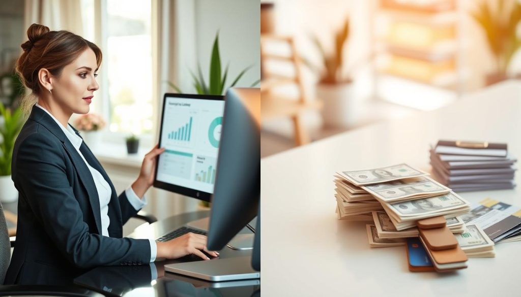 A split-screen image illustrating a comparison of same-day payday loans and alternative financial options. On the left, focus on a professional-looking woman in business attire sitting at a computer, analyzing loan options with graphs and charts visible on the screen. She has a thoughtful expression, bathed in soft, natural light from a window, creating an inviting atmosphere. The right side features a pile of cash, credit cards, and bank documents on a sleek desk, symbolizing financial urgency. The background shows a cozy office space with plants and a warm color palette, emphasizing a mood of professionalism and clarity. Capture this scene with a shallow depth of field, highlighting the woman and her work while softly blurring the background elements. A split-screen image illustrating a comparison of same-day payday loans and alternative financial options. On the left, focus on a professional-looking woman in business attire sitting at a computer, analyzing loan options with graphs and charts visible on the screen. She has a thoughtful expression, bathed in soft, natural light from a window, creating an inviting atmosphere. The right side features a pile of cash, credit cards, and bank documents on a sleek desk, symbolizing financial urgency. The background shows a cozy office space with plants and a warm color palette, emphasizing a mood of professionalism and clarity. Capture this scene with a shallow depth of field, highlighting the woman and her work while softly blurring the background elements.