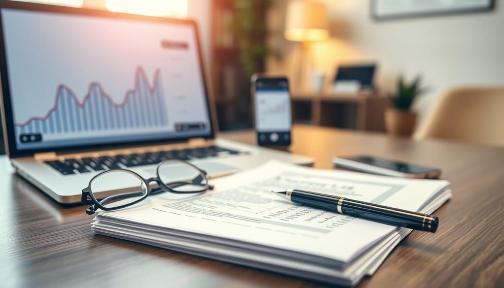 A tabletop scene depicting a neatly organized set of loan documents for quick approval. In the foreground, focus on a stack of professional-looking documents, highlighted by a pair of glasses and a sleek pen resting on top. The middle layer showcases an open laptop with financial graphs on the screen and a smartphone displaying notifications about loan updates. In the background, a softly blurred office environment with warm lighting creates a cozy, professional atmosphere. Use a shallow depth of field to emphasize the documents while keeping the details of the office subtle. The mood should convey efficiency and readiness, suggesting an inviting space for preparing essential paperwork. A tabletop scene depicting a neatly organized set of loan documents for quick approval. In the foreground, focus on a stack of professional-looking documents, highlighted by a pair of glasses and a sleek pen resting on top. The middle layer showcases an open laptop with financial graphs on the screen and a smartphone displaying notifications about loan updates. In the background, a softly blurred office environment with warm lighting creates a cozy, professional atmosphere. Use a shallow depth of field to emphasize the documents while keeping the details of the office subtle. The mood should convey efficiency and readiness, suggesting an inviting space for preparing essential paperwork.