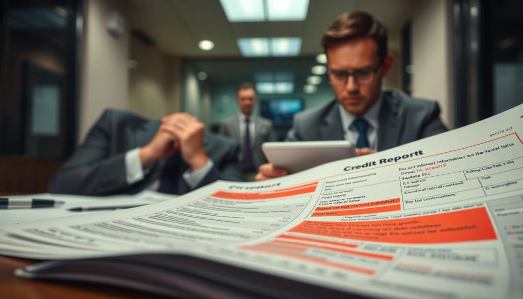 A visually compelling composition illustrating "credit report errors" as a central theme. In the foreground, detail a close-up of a disheveled credit report, showcasing prominent red flags such as incorrect personal information and marked discrepancies. The report should have highlighted sections with errors, using bold colors for emphasis. In the middle ground, include a concerned individual in professional business attire, examining the report with a worried expression. In the background, depict a blurred image of a bank office to symbolize the loan approval process. Soft, ambient lighting creates a serious mood, conveying the importance of accuracy in credit reports. Use a slightly angled perspective to add depth and focus on both the report and the individual’s anxious demeanor. A visually compelling composition illustrating "credit report errors" as a central theme. In the foreground, detail a close-up of a disheveled credit report, showcasing prominent red flags such as incorrect personal information and marked discrepancies. The report should have highlighted sections with errors, using bold colors for emphasis. In the middle ground, include a concerned individual in professional business attire, examining the report with a worried expression. In the background, depict a blurred image of a bank office to symbolize the loan approval process. Soft, ambient lighting creates a serious mood, conveying the importance of accuracy in credit reports. Use a slightly angled perspective to add depth and focus on both the report and the individual’s anxious demeanor.