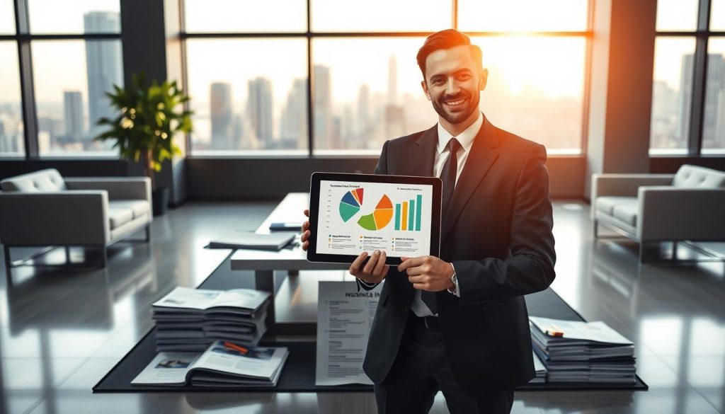 A visually engaging composition depicting different types of business liability insurance in a modern office setting. In the foreground, a professional business person in business attire stands confidently with a tablet displaying pie charts and graphs that symbolize various insurance types, such as general liability, professional liability, and product liability. In the middle, a stylishly arranged table with diverse insurance brochures and documents highlighting key benefits. In the background, a well-lit office space with sleek furniture, large windows showing a city skyline, and soft natural light coming through, creating an atmosphere of professionalism and security. The overall mood should evoke a sense of trust and assurance, suitable for the topic of safeguarding a business.