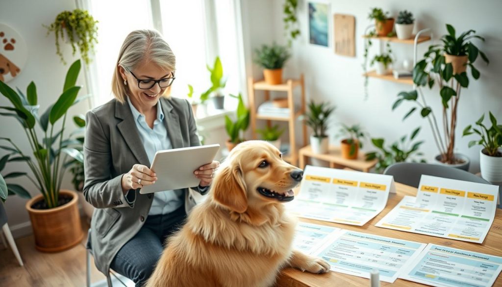A visually engaging scene depicting a pet insurance comparison guide. In the foreground, a cheerful pet owner, a middle-aged Caucasian woman in smart casual attire, examines a tablet displaying various pet insurance plans alongside an adorable, playful golden retriever. The middle layer includes a table covered with brochures and charts comparing different insurance providers, with highlighted features like coverage options and cost. In the background, a bright room filled with houseplants and pet-themed decor, creating a warm and welcoming atmosphere. Soft, natural lighting filters in through a window, enhancing the cozy feel. The overall mood is informative and friendly, focusing on the significance of pet insurance coverage.
