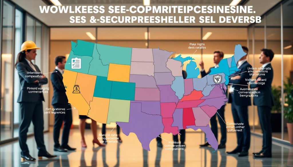 A visually striking infographic illustrating the workers' compensation insurance requirements by state, designed for a professional audience. In the foreground, prominently feature a map of the United States, colored in various shades to represent different insurance requirements for each state. Overlay icons symbolizing safety and compliance—such as a hard hat, clipboard, and shield—at strategic locations. In the middle ground, incorporate a diverse group of professionals in business attire, looking at the map, discussing its contents, and pointing towards specific states. The background should have a sleek, modern office setting, softly lit with a warm glow to convey a sense of professionalism and trust. Use a balanced composition with a focus on clarity and informative visuals, evoking a mood of preparedness and security towards workers’ compensation.