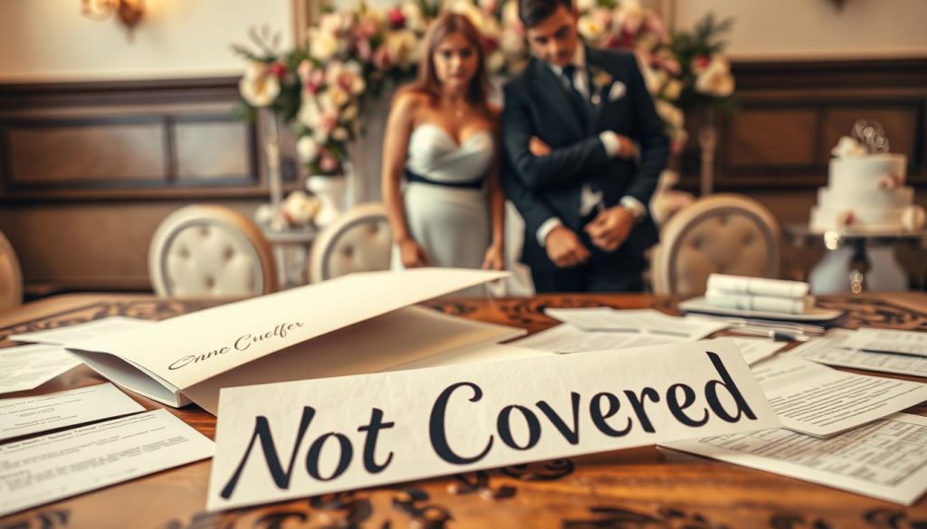 A visually striking scene representing "wedding insurance exclusions" in a metaphorical manner. In the foreground, an elegant, partially opened wedding invitation lies on a decorative wooden table, surrounded by scattered documents marked with the words "Not Covered" in bold, artistic lettering. In the middle, a distressed couple in professional attire looks at the invitation with concerned expressions, conveying uncertainty about their wedding plans. The background features a tasteful wedding setting with beautifully arranged floral decorations and a blurred glimpse of a wedding cake, enhancing the atmosphere of the event. Soft, warm lighting creates a serene yet anxious mood, mimicking the tension involved in planning a wedding full of unexpected risks. The composition should be framed with a slight angle to add depth and focus on the couple's emotional reaction.