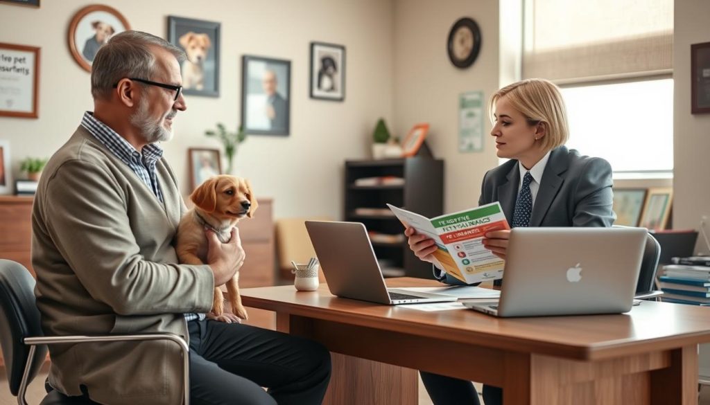 A warm and inviting veterinary office environment showcasing a dedicated pet owner sitting across from a professional insurance advisor, both engaged in a focused discussion about pet insurance needs. In the foreground, the pet owner, a middle-aged individual in smart casual attire, gently holds a small dog, looking attentive and inquisitive. The advisor, dressed in professional business attire, presents a colorful brochure featuring pet insurance options. The middle ground includes a wooden desk adorned with a laptop, documents, and pet-related brochures, surrounded by friendly veterinary decor. The background features soft natural lighting filtering through a window, bringing warmth to the space, with pet portraits and awards on the walls. The overall mood conveys professionalism and empathy, emphasizing the importance of making informed decisions about pet health and insurance.